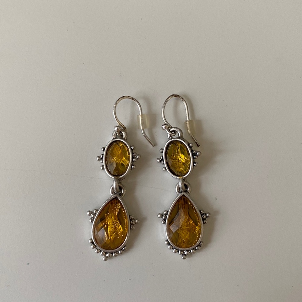 Lucky Brand Dangle Earrings with Peace Sign and Yellow Stones